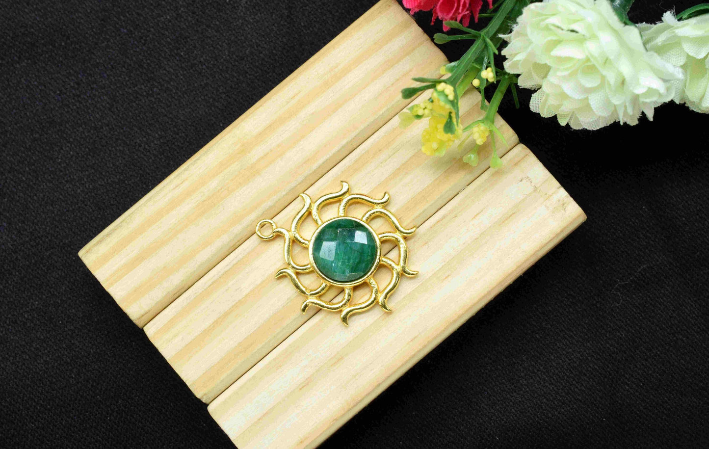 Emerald  Gemstone Component, Single Bail Charm , Emerald Connector Pendant , Gold Plated Connectors , Earring Component , B'day Gift