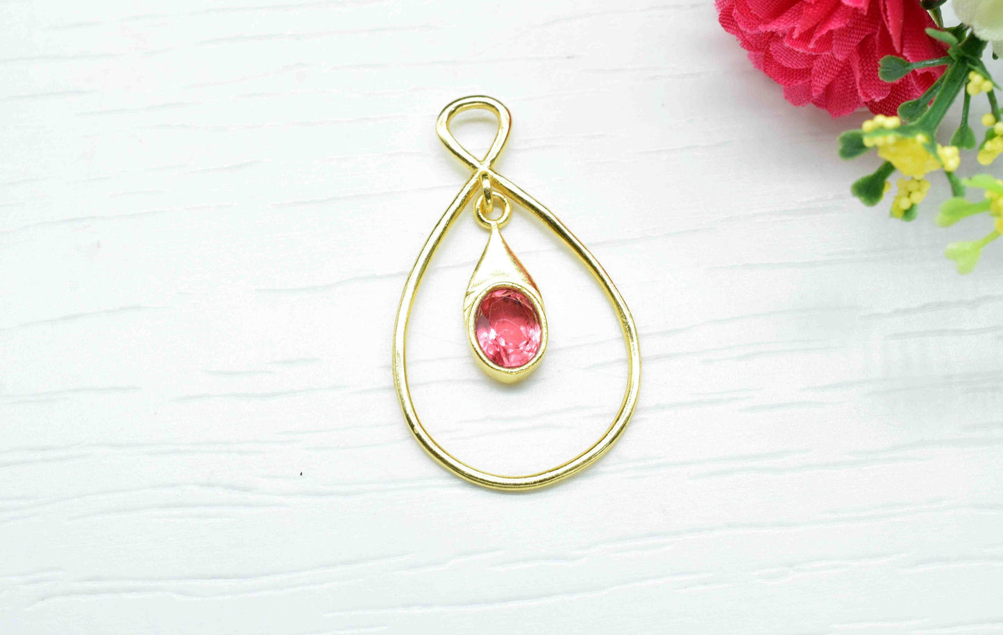 Pink Tourmaline Component , Single Bail Charm , Pink Tourmaline Connector Pendant , Gold Plated Connectors , Earring Component , B'day Gift