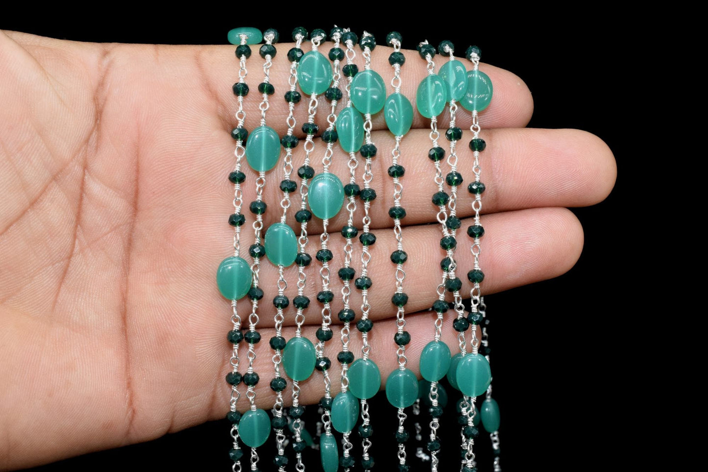 Natural Green onyx Smooth Oval Rosary Style Beaded Chain,Gold Plated Wire Wrapped Chain,Gemstone Linked Handmade Chain,Jewelry Making,