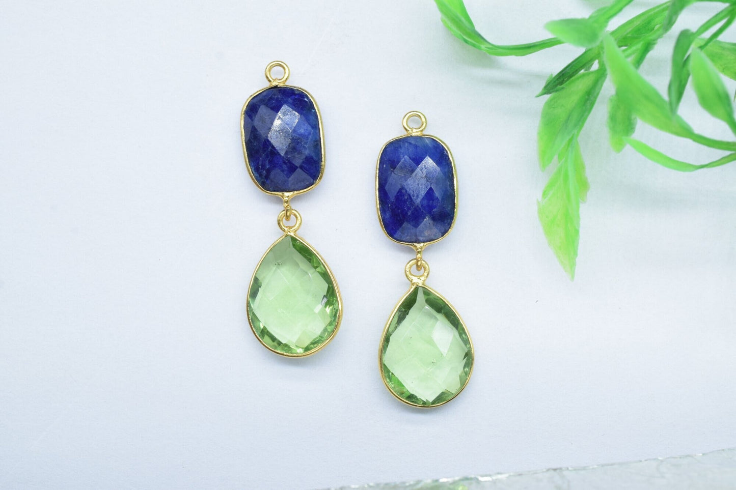 Multi Stone Pendant Charm,Station Bezel Link,Multi Shape Connector,Green Amethyst Jewelry,Blue Sapphire Earring Connector,Handmade Pendant
