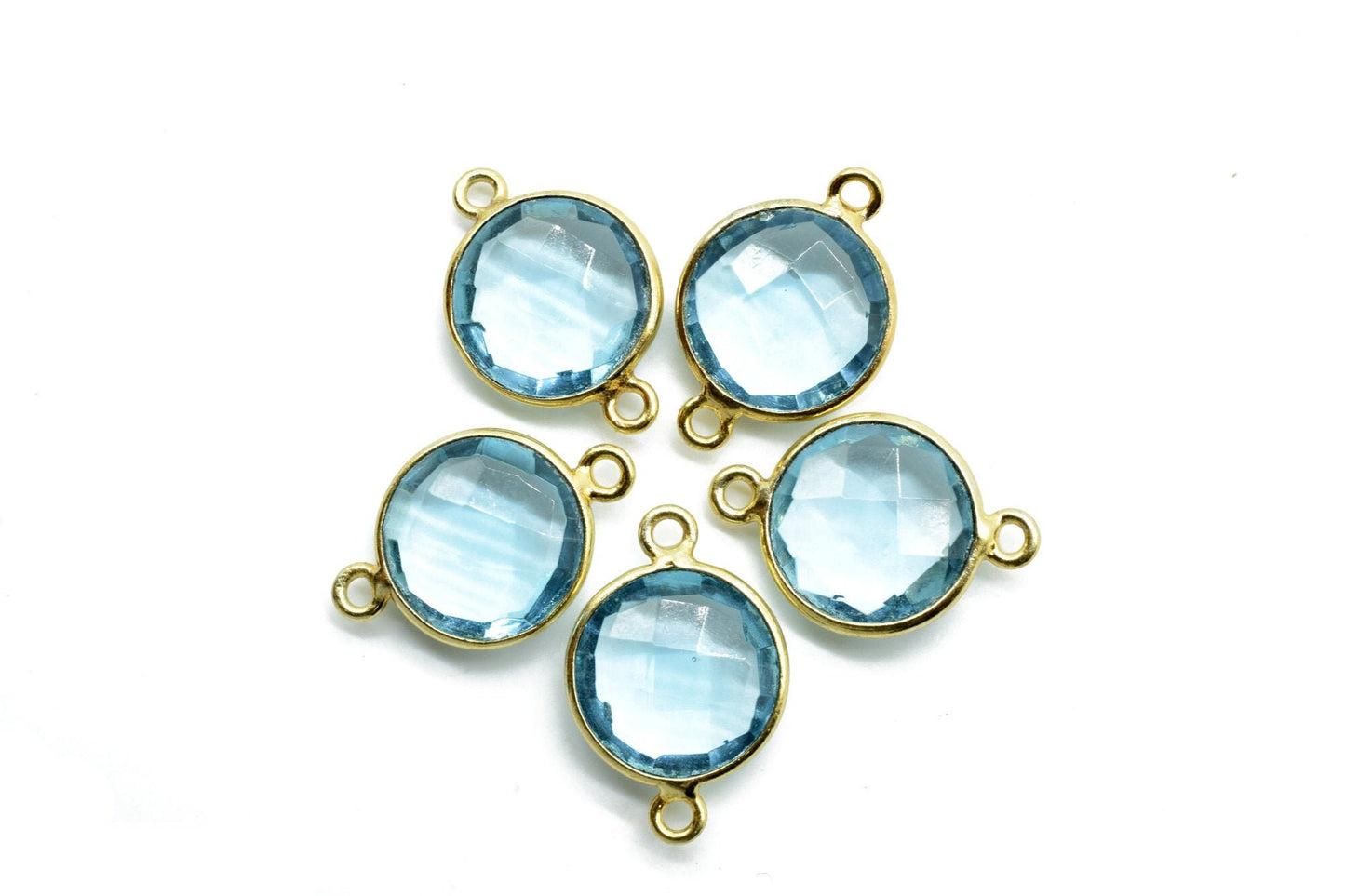 Sky Topaz 12mm Round Double loop connectors,Brass Gold Plated bezel,Sky Topaz Pendant,Sky Topaz double bail connectors,Topaz Round connector