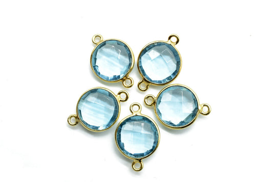 Sky Topaz 12mm Round Double loop connectors,Brass Gold Plated bezel,Sky Topaz Pendant,Sky Topaz double bail connectors,Topaz Round connector