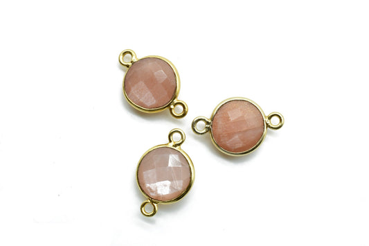Peach Moonstone 10mm round Double bail connectors,Peach Moonstone Pendants,Peach Moonstone Round Gold Plated bezels,jewelry making charms