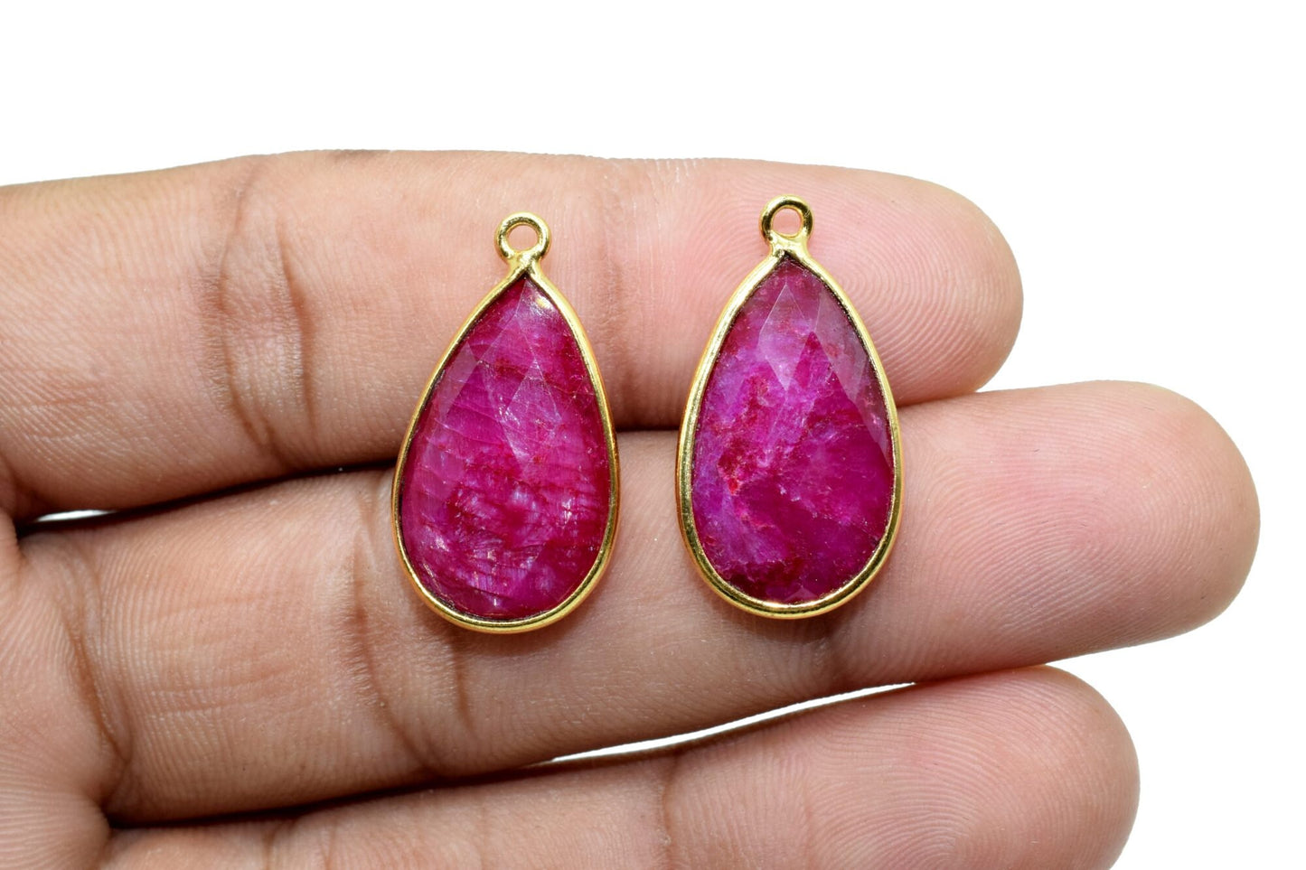 Ruby 12x20mm Pear shape charm,Ruby Pear Shape Bezel ConnectorGold Plated,Ruby Connector,Single Bail Connector,Jewelry Supply,Bezel Set Charm