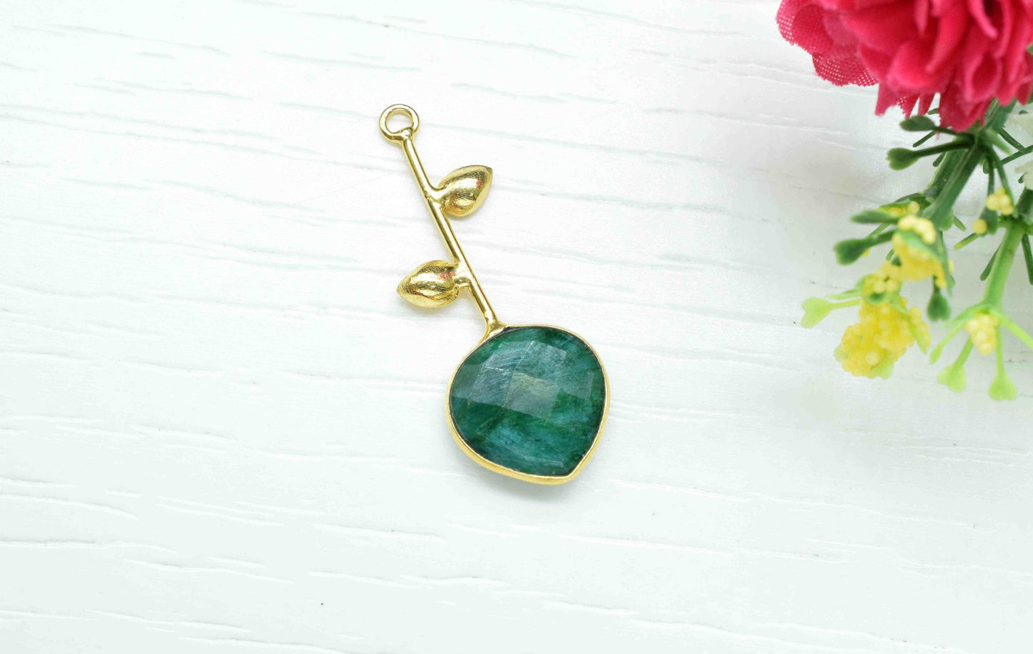 Emerald Single Bail Pendant , Emerald Charms , Heart Shape Charms , Genuine Gemstone Charms , Gemstone Connectors , Summer Collection ,