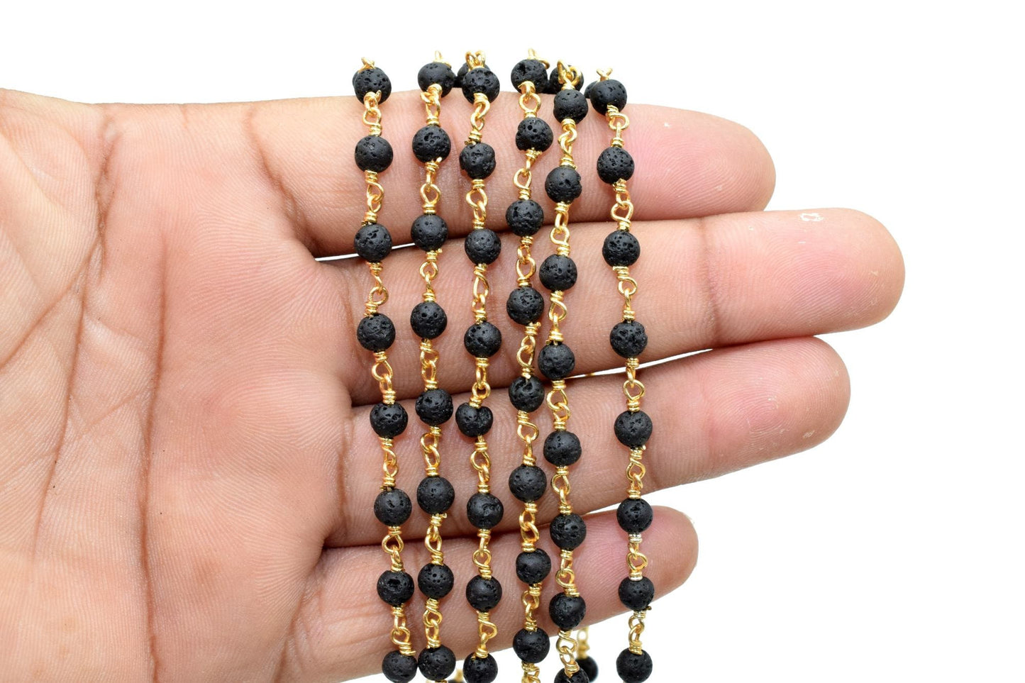 Black Lava Rock 4mm Round Beaded Wire Wrapped gold Polished Plated Chain - Beaded Chain,Black Lava Rosary Chain,Delicate Rosary Beaded Chain