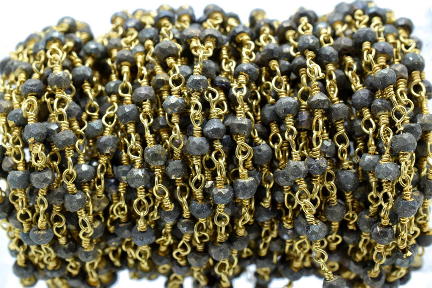 Natural Pyrite 3mm Beaded Chain,Beaded Rosary Chain,Pyrite Wrapped Brass Wire,Bracelet,Handmade Jewelry, Finding Necklace Chain In Brass