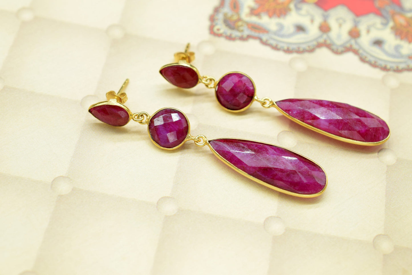 Natural Ruby Dangle Earring/Bridal Earring/Gold Plated Earring/Bridal Jewelry/Statement Earrings For Bridal/Women Jewelry/Bridesmaids Gifts