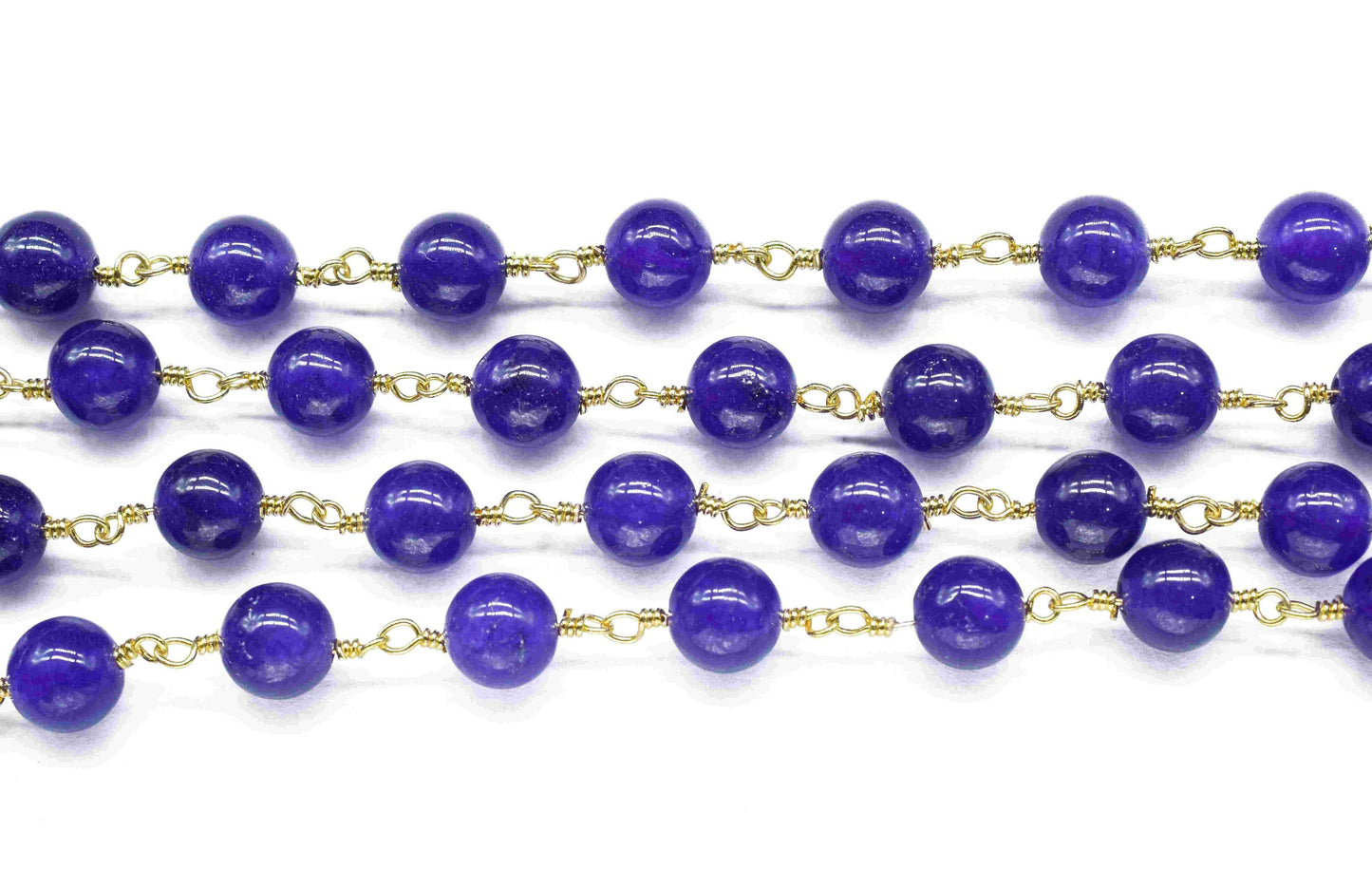 Dark Blue jade Bead Rosary Chain Jewelry,Dark Blue jade Wire Wrapped Gold Plating Bead Chain,Blue jade Smooth Gemstone 6mm Smooth Bead Chain