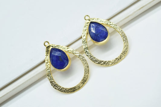 Blue Sapphire Gemstone Pendant/Pear Shape Pendant/Bezel Pendant/Jewelry making Stone/Gold Plated Jewelry/Connector Jewelry/Handmade/Gift