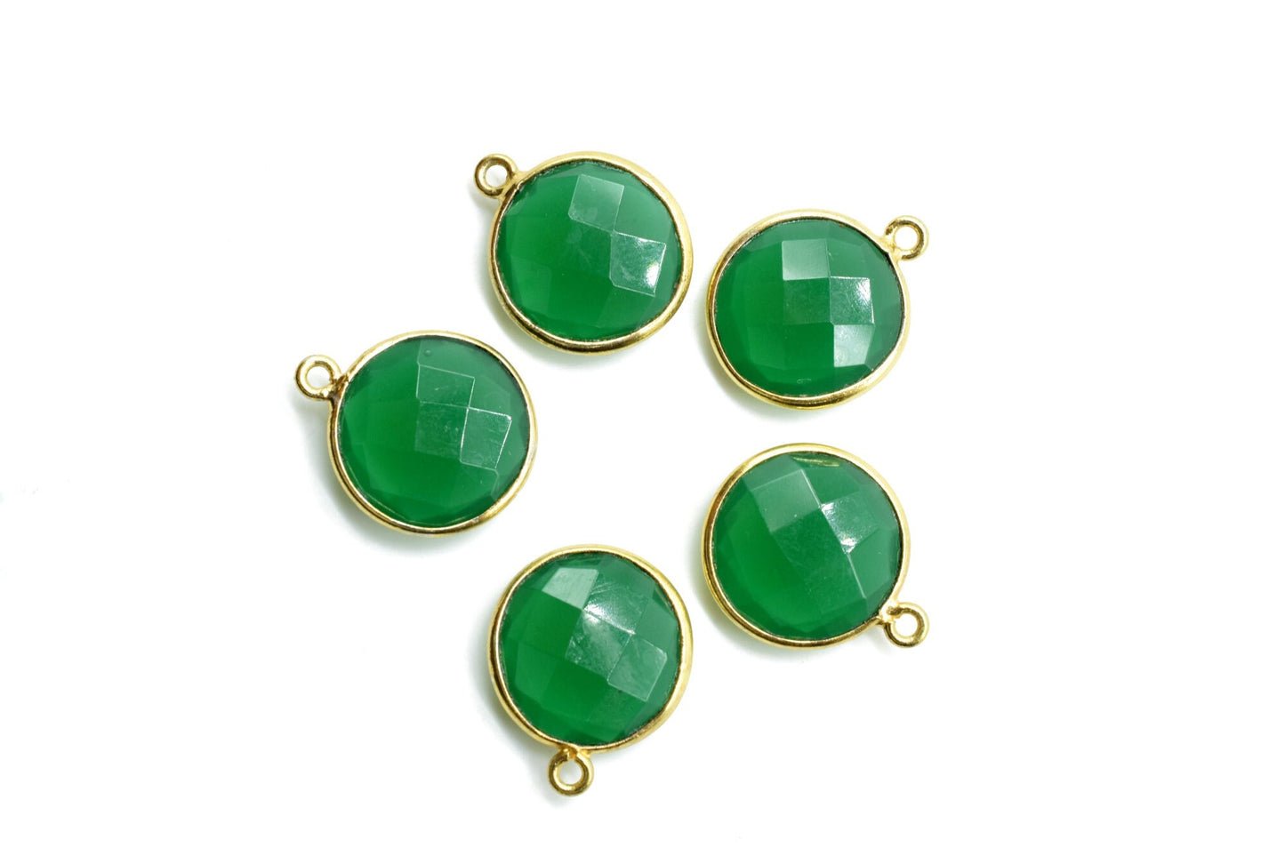 Natural Green Onyx 14mm Round charm,Brass Gold Plated bezel,Green Onyx single Bail Pendant,Stone Links,Gems Station,Onyx Earring Supplies,