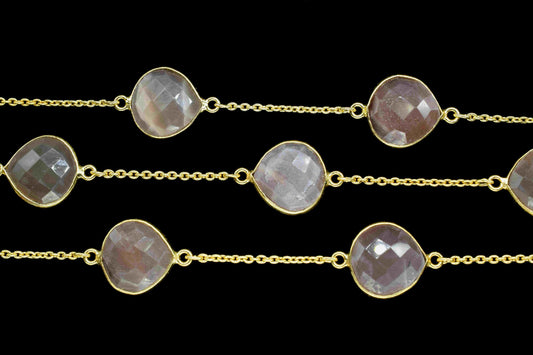 Peach Moonstone 12mm Heart Shape Bezel Chain,Peach Moonstone Connectors Link Chain,Handmade Bezel Link Chain,Gold Plated Bezel Link Chain