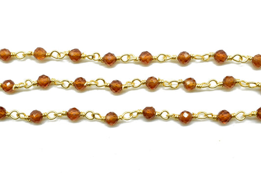 Hessonite Garnet 3mm Beaded Chain,Faceted Rondelle Hessonite Garnet Beaded Chain-Body Chain-Wire Wrapped Chain-Handmade Craft Supply,Rosary