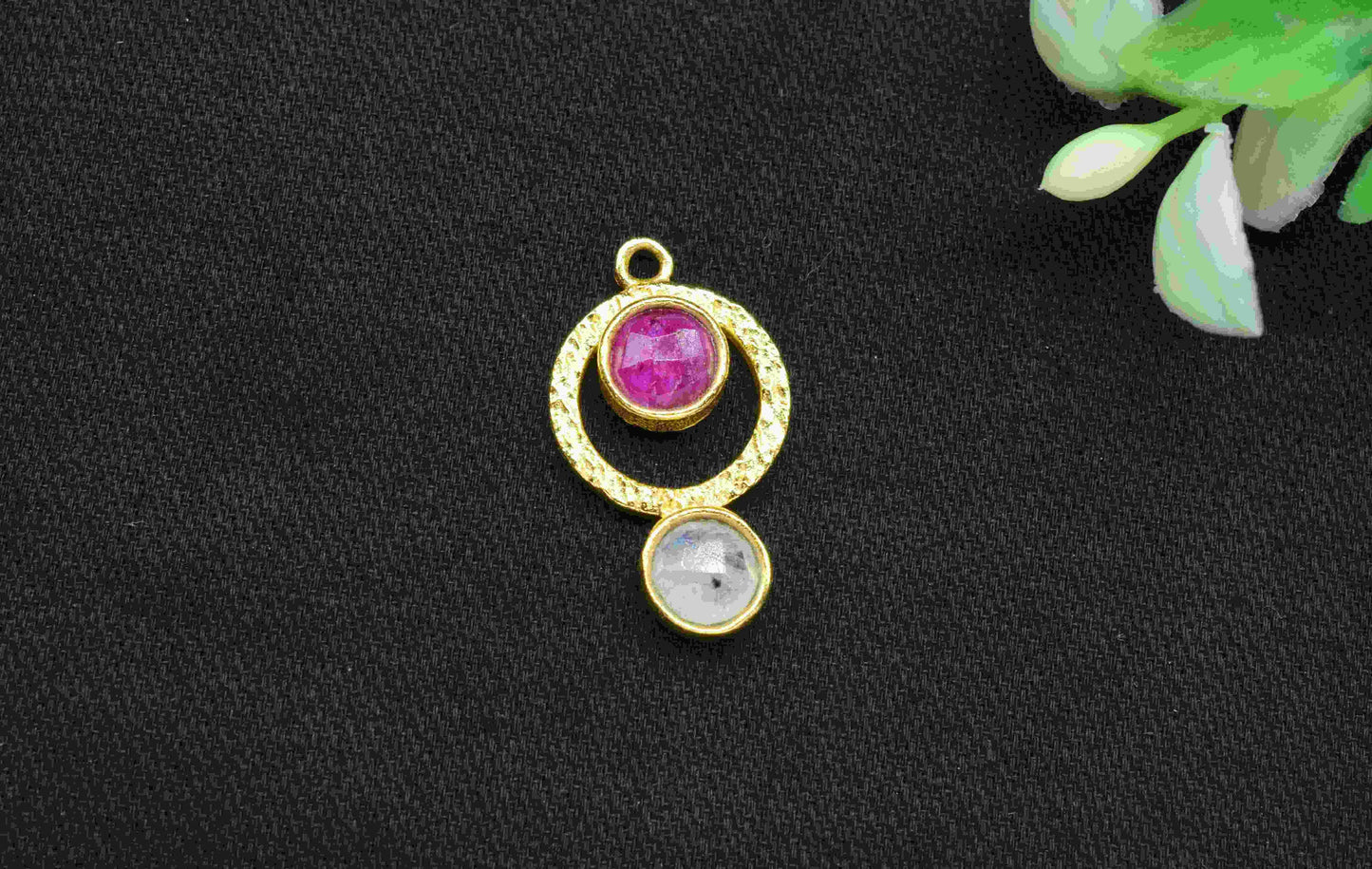 Ruby Pendant , Moonstone Pendant  Multi Gemstone Handmade Pendant , Gold Plated Connectors ,Single Bail Gemstone Connector Charm