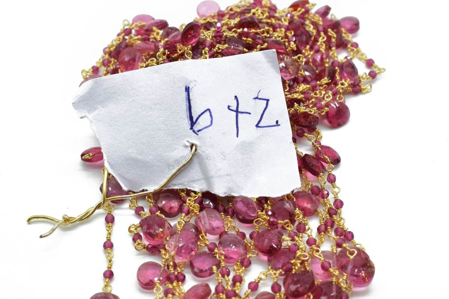 Pink Tourmaline 2mm Beaded & Heart shape Chain,Beaded Wire Wrapped Fuchsia Diamond Cut Gemstone Beads,Faceted Rosary Chain,Gems Rosary Style