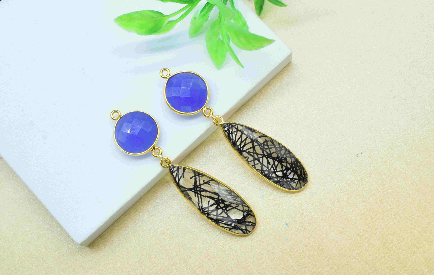 Black Rutile Dangle pendant Charms,Multi Gemstone pendant Connectors,Blue Quartz Dangle Earring,Handmade Station Link,Component jewelry Gift