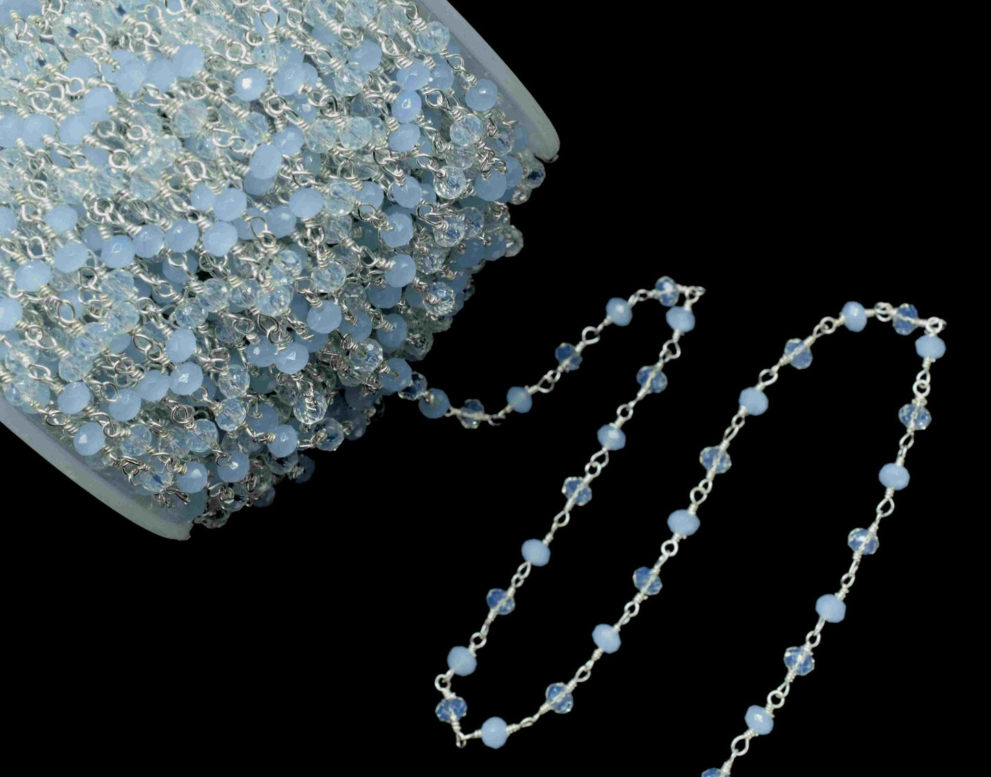 Blue chalcedony 3mm Beaded Chain,Faceted Rosary Style Beaded Chain,Wire Wrapped Rosary Chain,Blue Quartz stone links,Handmade Jewelry Making
