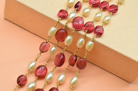 Pink Tourmaline & Pearl Gemstone Gold Chain,Oval Shape Gemstone Beads Rosary Chain,Gold Plated Pink Tourmaline - Pearl Gemstone Rosary Chain