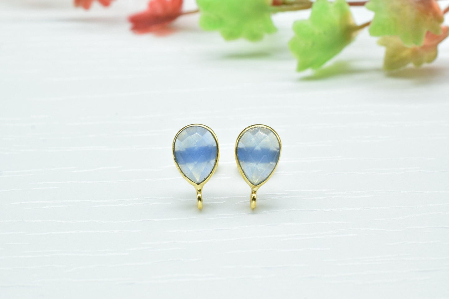 Blue Chalcedony 7x10mm Teardrop shape Earring connector Stud post setting with loop open bail, Blue Chalcedony Gold Plated Earring With Loop