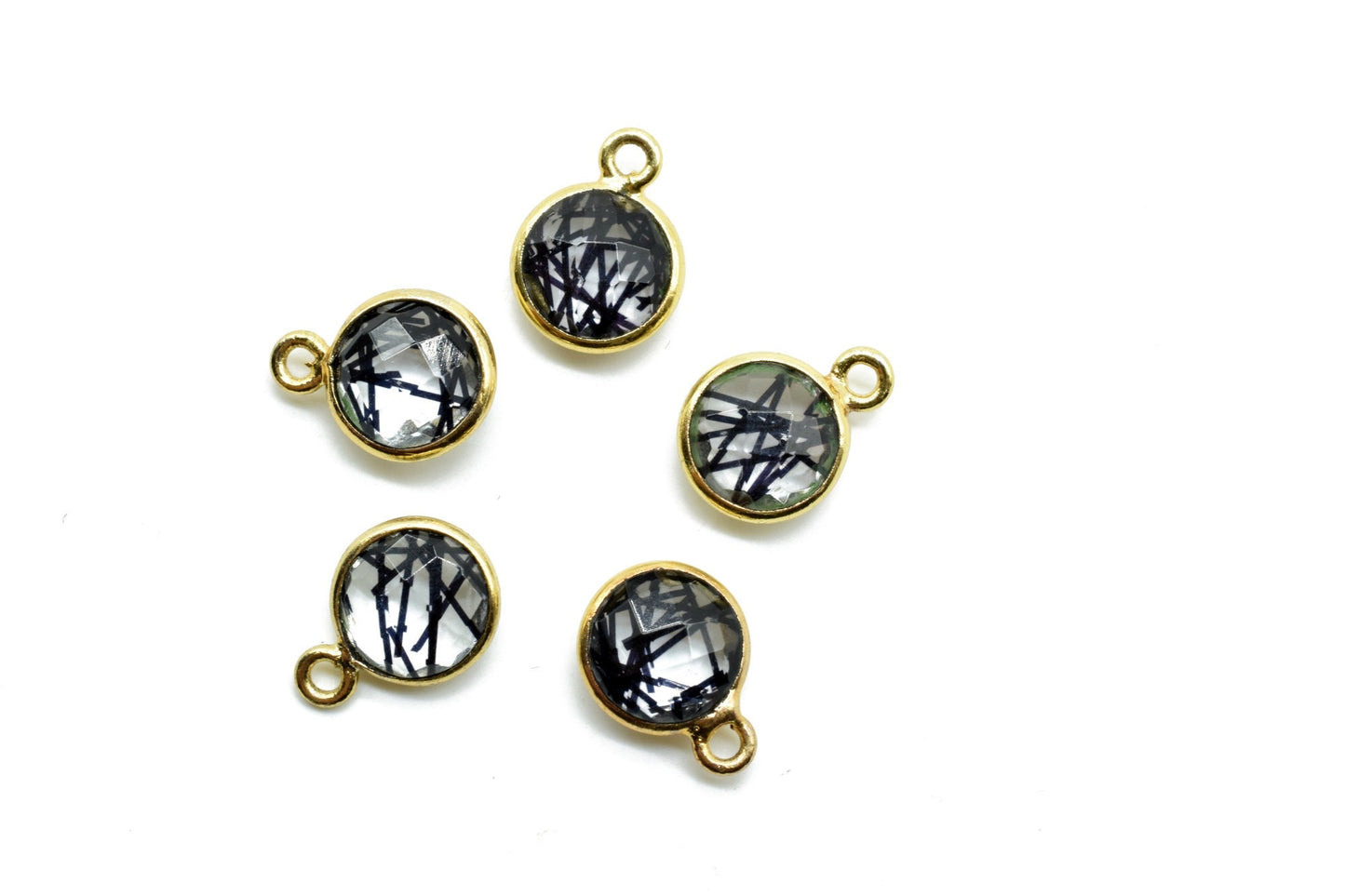 Black Rutile 8mm charm,Black Rutile Pendant,Black Rutile Round Gold Plated bezel, Rutile Vermeil Bezel,jewelry making charm,Brass connecotr