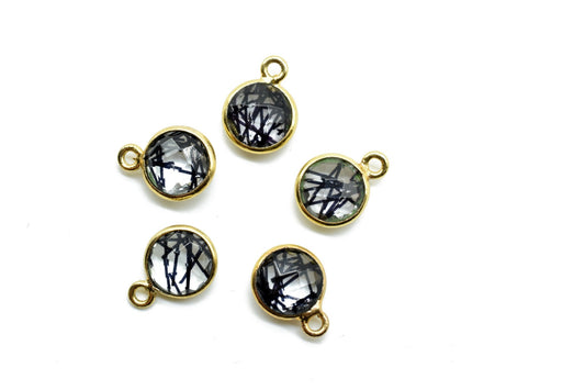Black Rutile 8mm charm,Black Rutile Pendant,Black Rutile Round Gold Plated bezel, Rutile Vermeil Bezel,jewelry making charm,Brass connecotr