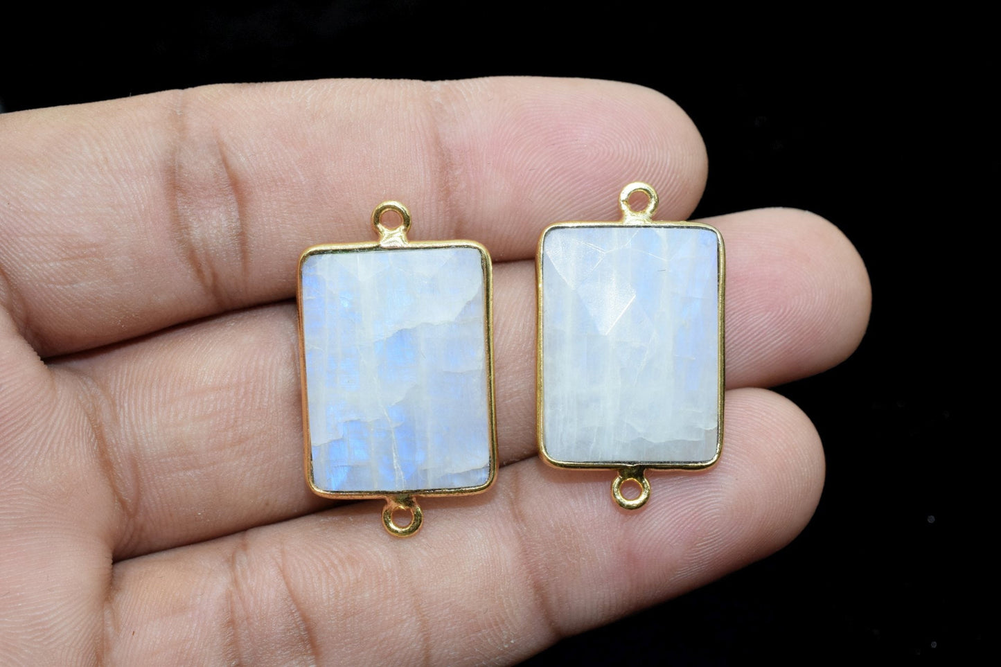 Moonstone 15x20mm Rectangle shape double bail charm,Moonstone Stone Pendant Charm,White Rainbow Double Bail Connectors,Cushion Shape charms