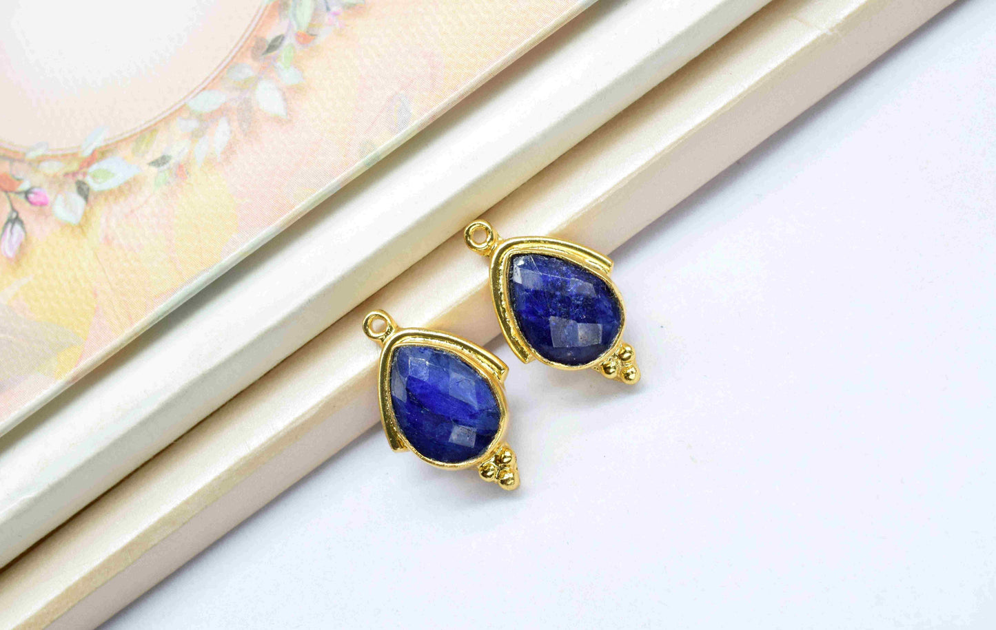 Blue Sapphire Faceted 9x13mm Peear Shape Connectors Pendant Jewelry,Sapphire Checker Cut Bezels Jewelry,Gemstone Gold Plating Charms Pendant