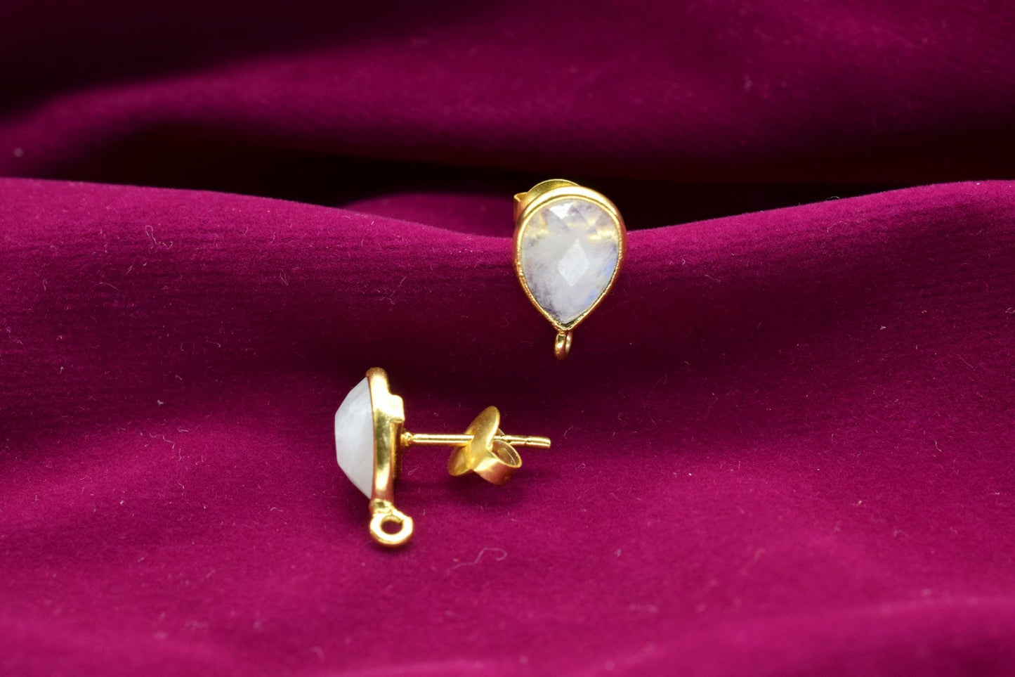 Moonstone 7x10mm Teardrop shape Earring connector Stud post setting with loop open bail,Rainbow Moonstone Gold Plated Earring With Loop