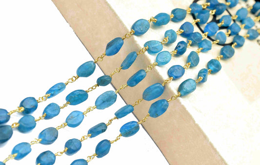 Neon Apatite Gemstone Smooth Beads Rosary,Neon Apatite Smooth Gemstone Beads Rosary Chain,Neon Apatite Gold plated Wire Wrapped Chain,Gift