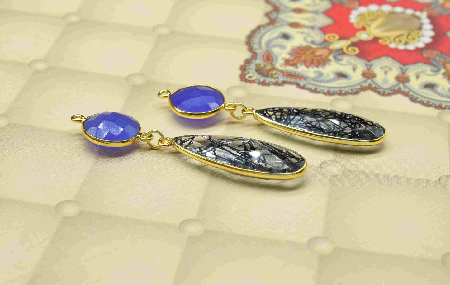 Black Rutile Dangle pendant Charms,Multi Gemstone pendant Connectors,Blue Quartz Dangle Earring,Handmade Station Link,Component jewelry Gift