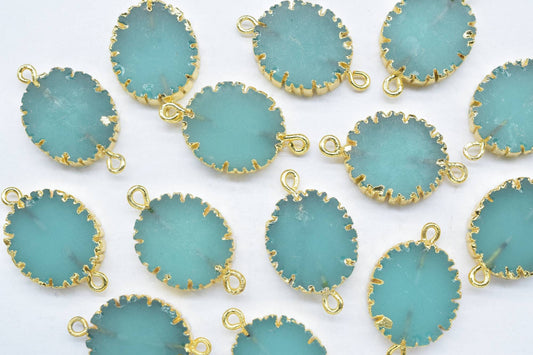Aqua Chalcedony Oval Shape Pendants,Handmade Connector,Electroplated Jewelry,Double Baill Gemstone Connector,Cabechon Pendant Charms,Gift