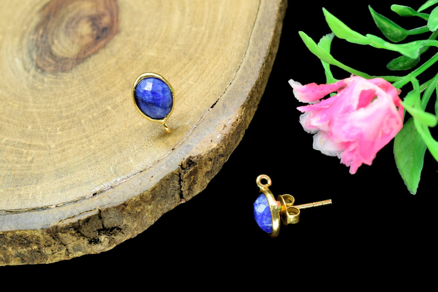Blue sapphire 6x8mm oval shape Earring connector Stud post setting with loop open bail,Hot Blue sapphire Gold Plated Earring With Loop