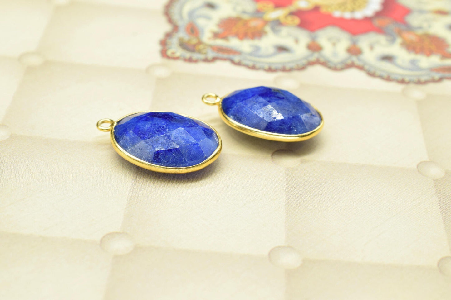 Blue Sapphire Component Pendant Charm,Station Bezel Link,Sapphire Earring,Necklace Connector jewelry,tation Bezel Link,Gemstone single bail