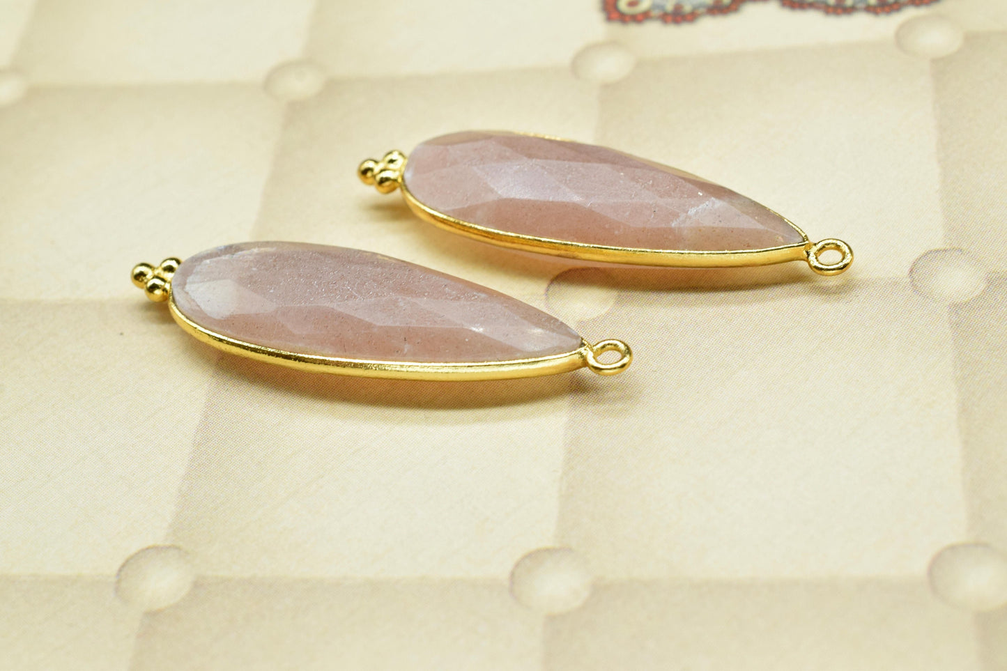 Peach Moonstone 10x30mm Bezel charms,Moonstone Pendant,Station Bezel Link Supplies,Moonstone Jewelry,Connector Pendant,Gemstone Teardrops