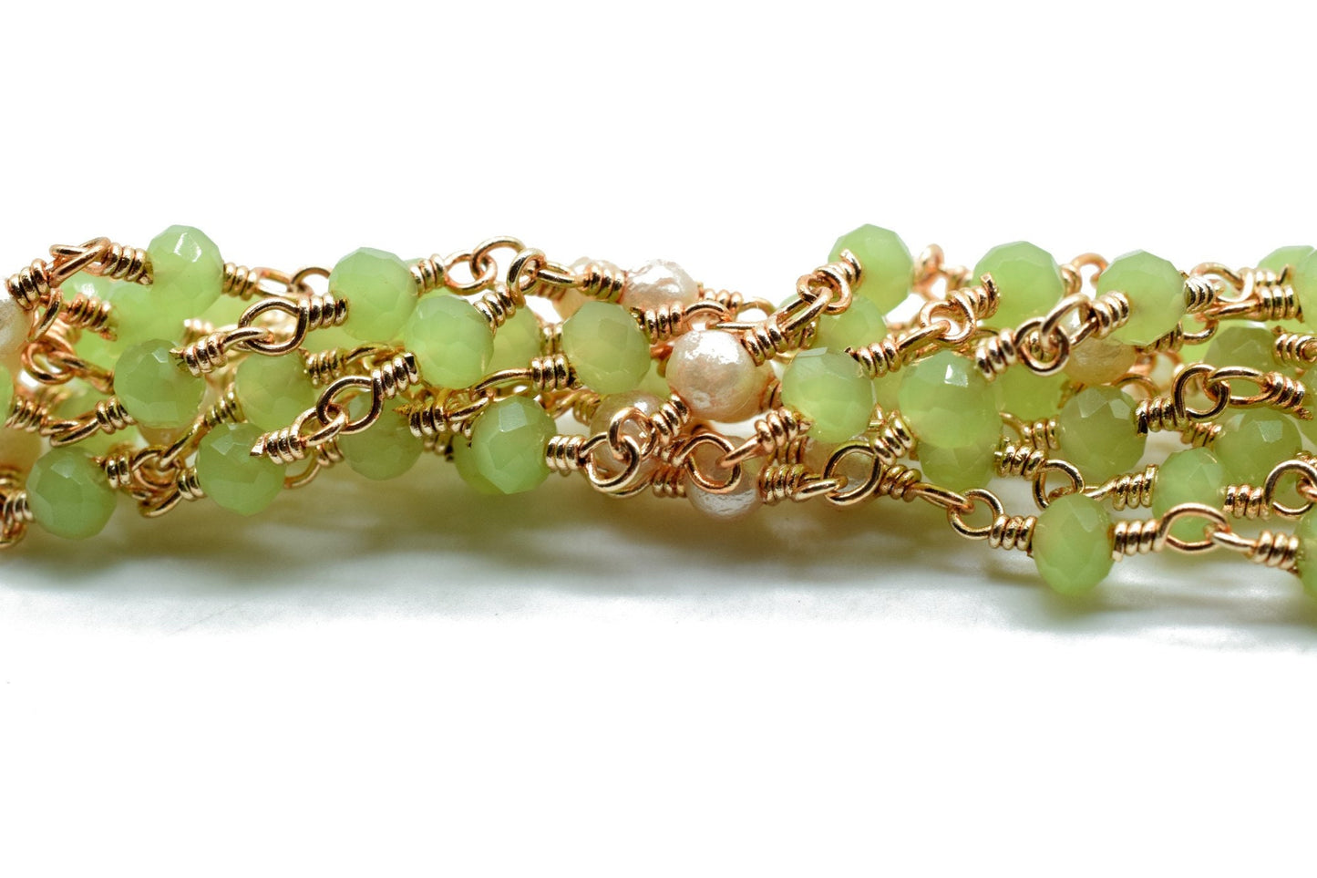CHrysoprase faceted Rosary Style Beaded Chain -Chrysoprase 3mm Beads wire wrapped chain ,Gold Rosary Long Layering Necklace,pearl rosary