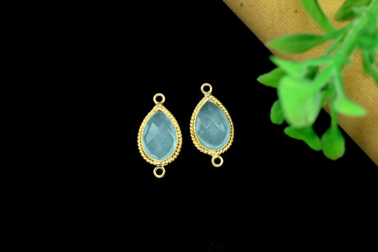 Aqua chalcedony Double Bail Charms Jewelry,Aqua Chalcedony Faceted Bezels Charms,Aqua Chalcedony 10x14mm Pear Shape Gold Plating Bezel,Gift