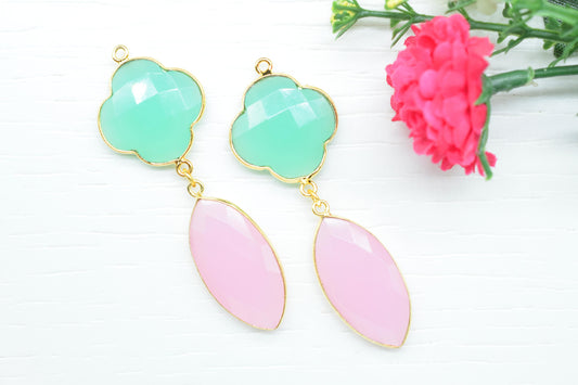 Aqua Chalcedony Bezel Charms Connector/Rose Quartz Connector Jewelry/Earring Connector/Station Bezel Link Pendant/Handmade Jewelry/Gift