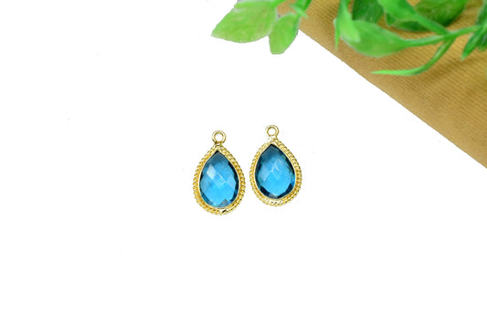 Blue Topaz 10x14 Teardrop Bezel Charm,Station Bezel Link,Blue Topaz Teardop jewelry making,Single bail Connector,Handmade Teardrop Pendant