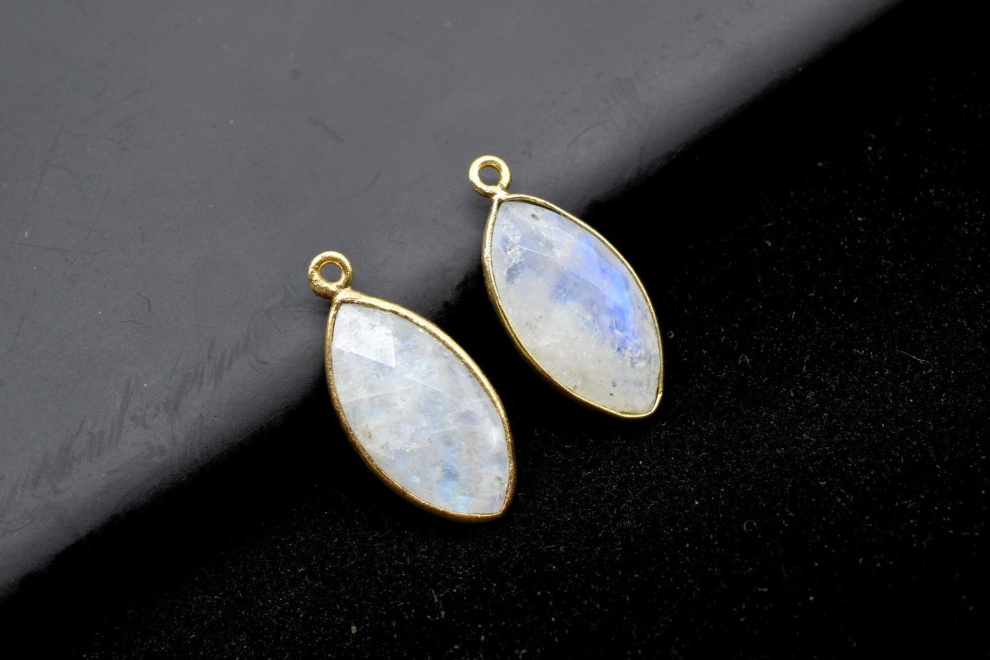 Moonstone 10x20mm marquise shape charm,Elegant Moonstone Gemstone Components marquise Shape Connectors,Single Bail Over Brass Gold Jewelry