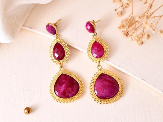 Natural Ruby Dangle Earring/Ruby Heart Shape Earring/Gold Plated Earring/Bridal Jewelry/Statement Earrings/Women Jewelry/Bridesmaids Earring