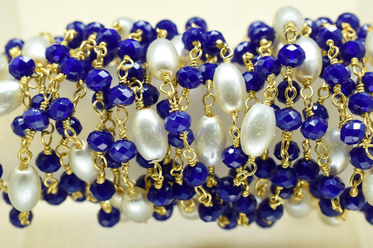Blue Sapphire Hydro Faceted Rondelle Beaded Rosary Chain,Gold Plated Rosary Chain,Finding Wire Wrap Necklace Chain,Pearl Rosary Chain,Gift
