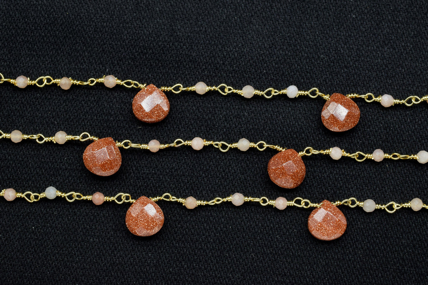 Peach Moonstone Beads Rosary,Silver Plated,Wire Wrapped link Stone Rosary,Heart Shape Briolette Chain, New Style Rosary,sunstone rosary,