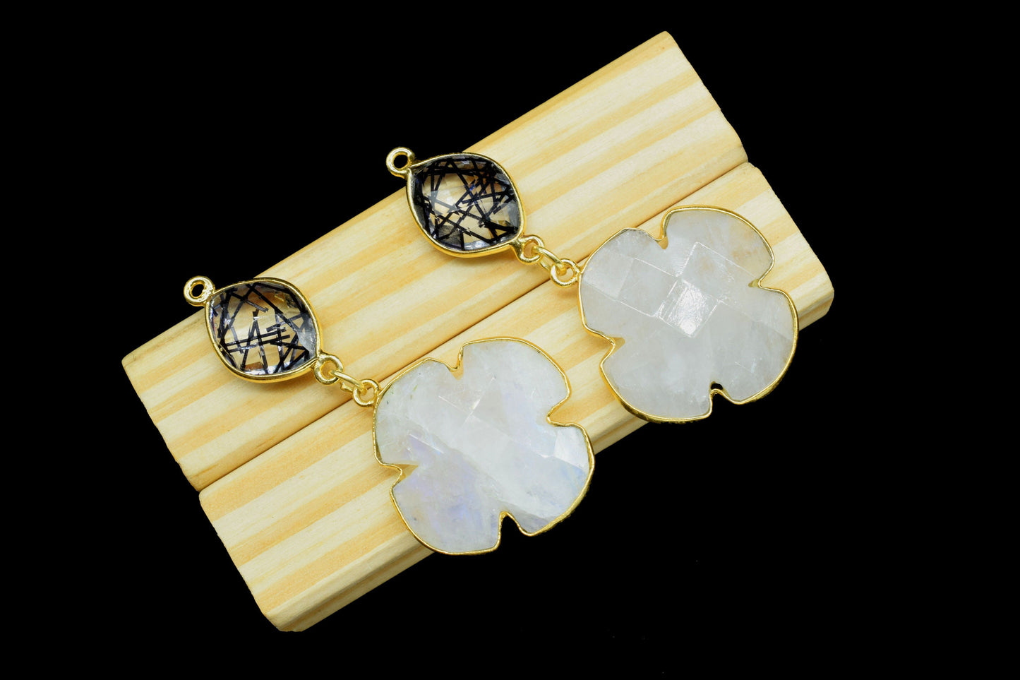 Rainbow Dangle Component Earring,Multi Stone Dangle Earring,Statement Earring,Handmade,Black Rutile pendant Connector,Gemstone Bezel pendant