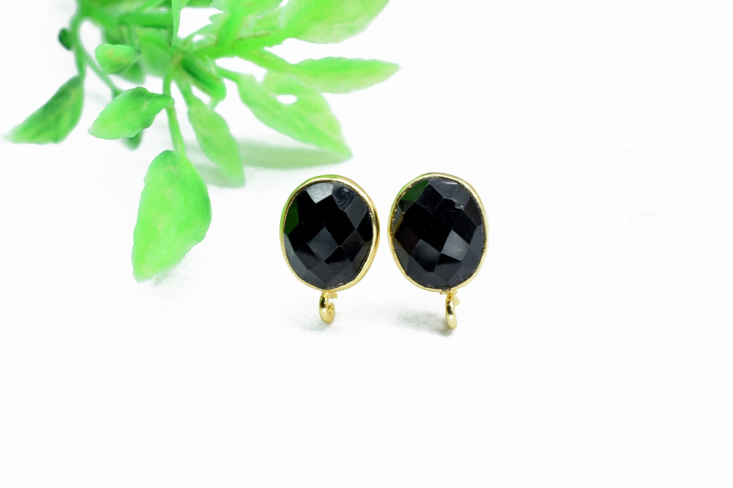 8x10mm oval Black onyx Earring Connector,Connector,Jewelry Making Supply,Ear Post Studs Connector,Single Loop Gemstone Earring Connector,