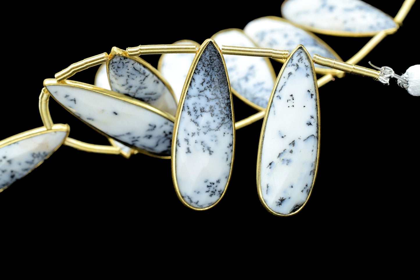 Dendrite Opal 10x30mm drilled Bezel charms ,Brass Gold Plated bezel,Teardrop Light Gold Bezel Trim Edge Faceted Gemstone,bezel strand