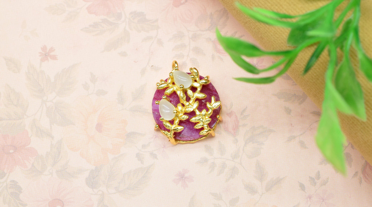 Natural Ruby Pendant,Leaf Designer Pendant Charm,Handmade Craft,Rainbow Pendant Jewelry,Multi Stone Pendant,Prong Set Pendant,Circle Pendant