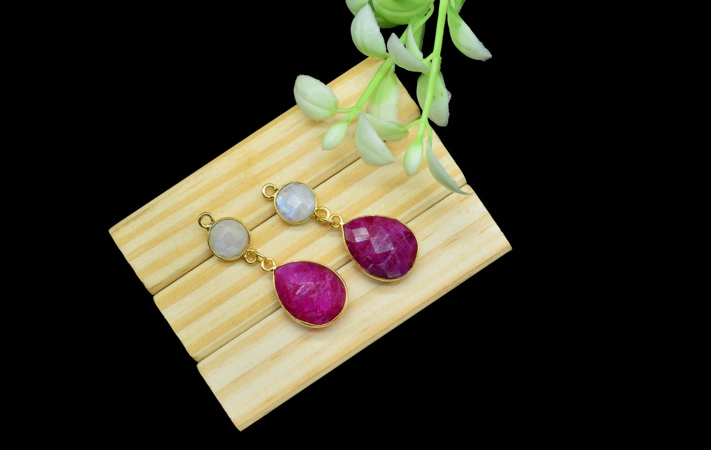 Moonstone Dangle pendant Charms,Multi Gemstone Dangle Earring,Ruby pendant Connectors,Handmade Station Bezel Link,Component Jewelry Gift For