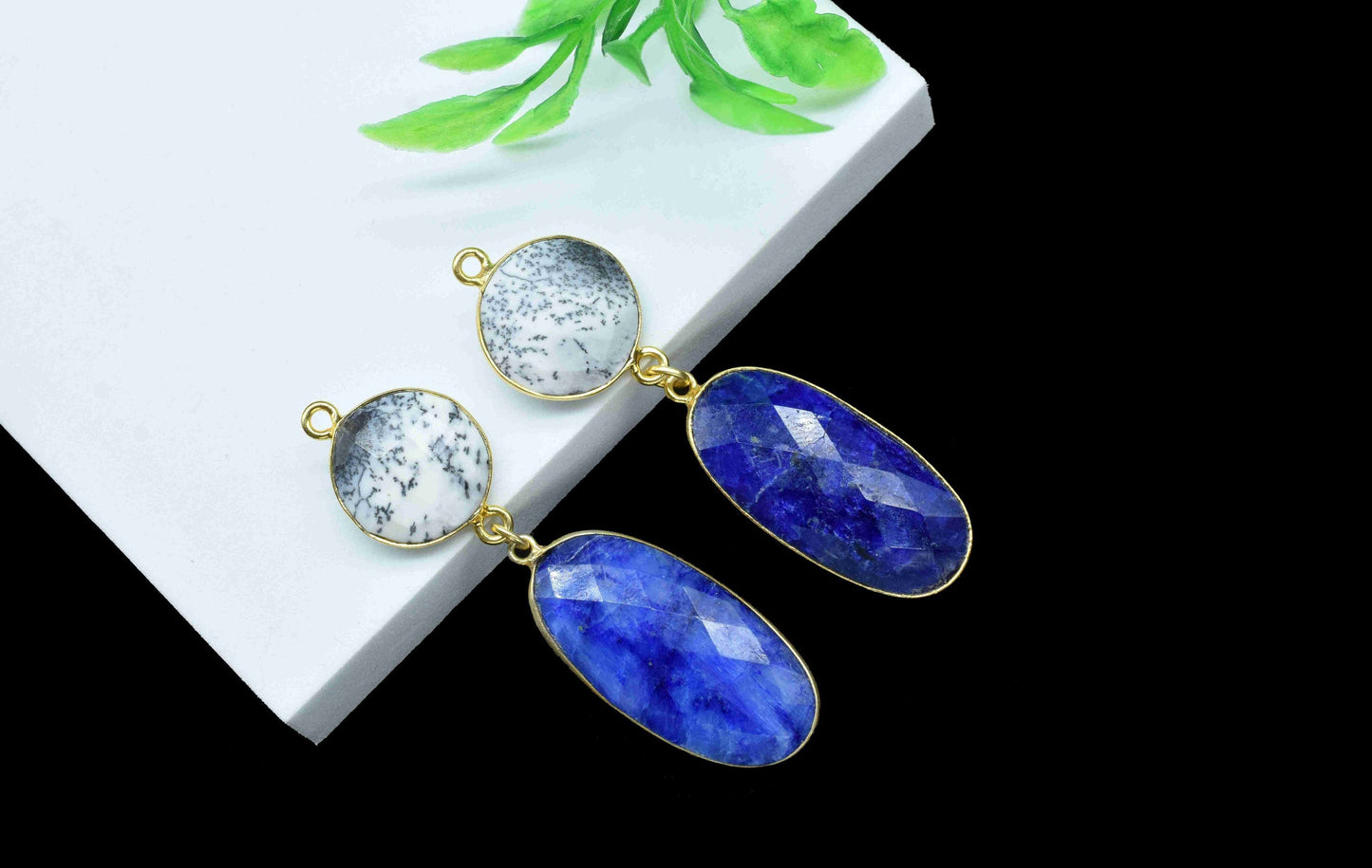 Blue Sapphire Dangle pendants,Station Link,Handmade jewelry,Dendrite pendant Charms,Component pendant,Multi Gemstone Connector,Bezel Jewelry