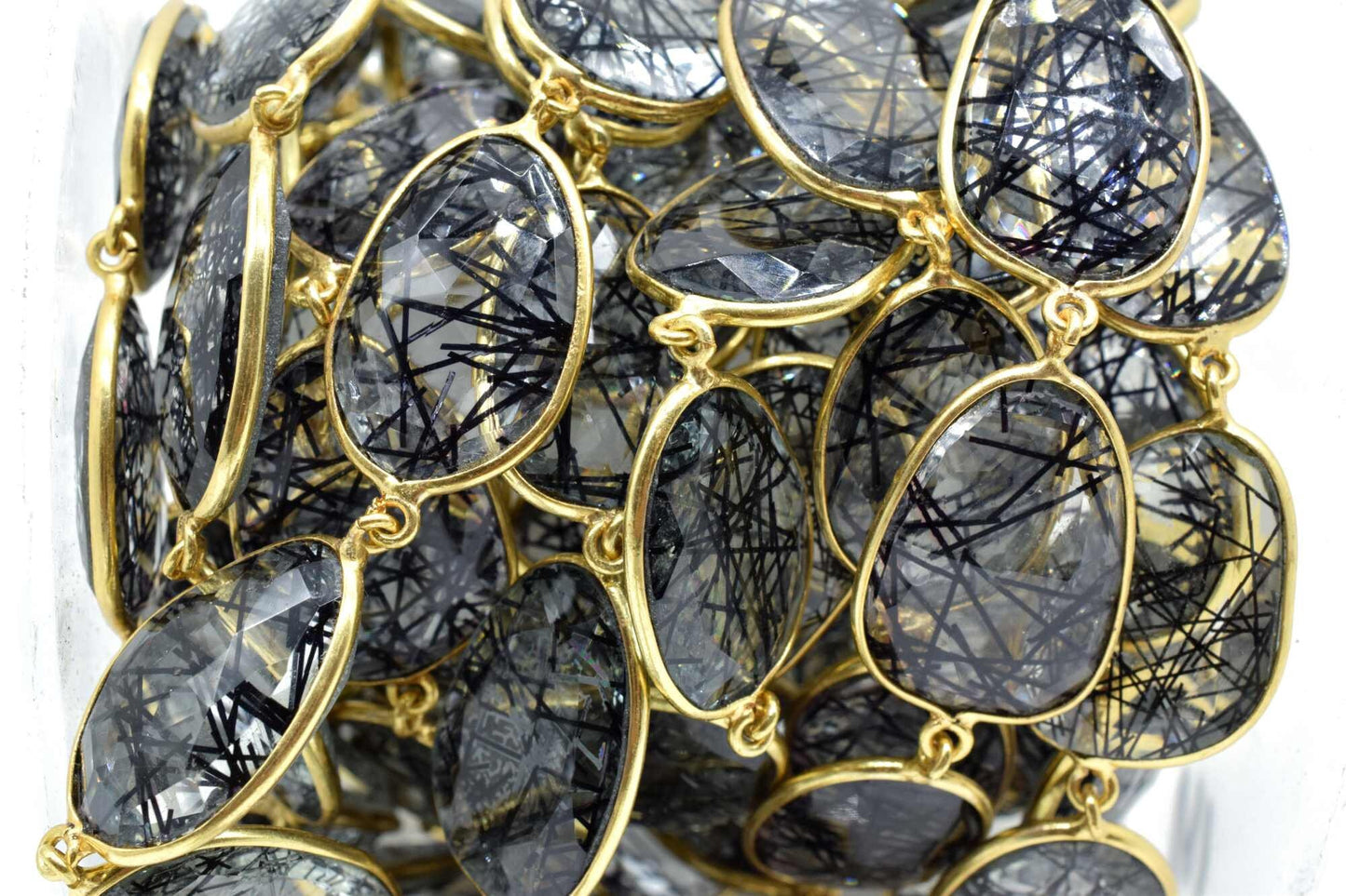 Black Rutile Gold plated Bezel Connector Chain,Black Rutile Faceted Bezel Link Chain,Black Rutile Free form bezel connector chain,jewelry