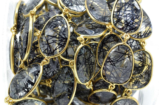 Black Rutile Gold plated Bezel Connector Chain,Black Rutile Faceted Bezel Link Chain,Black Rutile Free form bezel connector chain,jewelry
